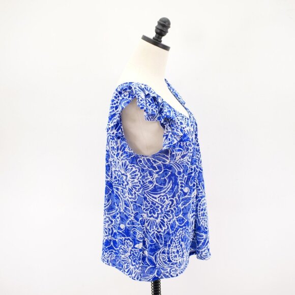 I.N.C. International Concepts XL Blue White Floral Scoop Neck Top Blouse Flutter - Picture 6 of 7